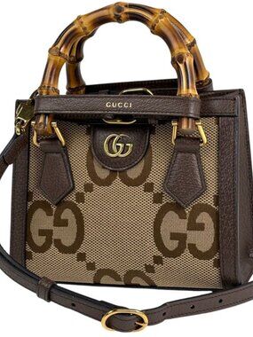 Gucci Diana Small Tote 2-Way Shoulder Bag Double Jumbo GG Canvas Brown